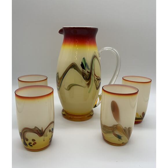 Dalian Glass Co Other - Vntg Hand Blown Dalian Glass Pitcher and 4 Tumblers 1960’s Snowflake Clambroth